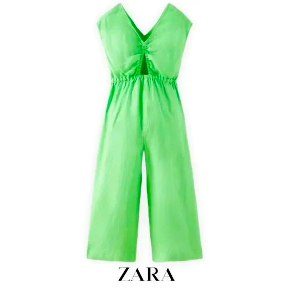 Zara Kids Lime Green Linen Wide Leg Jumpsuit size 11-12